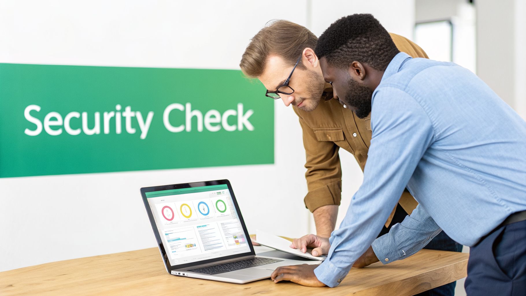 Two diverse professionals examining security data on a laptop in a modern office setting.