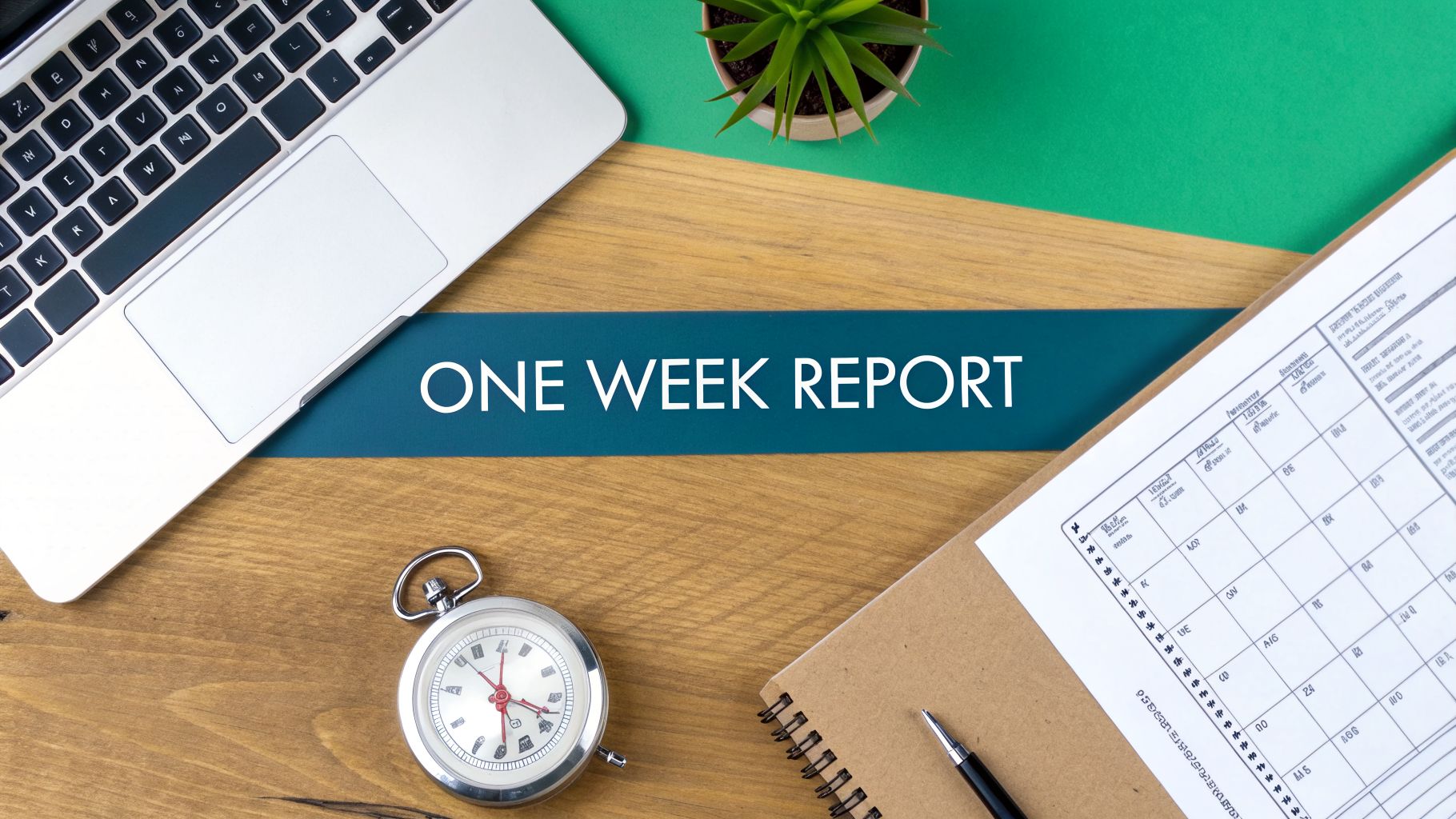 Overhead view of a desk with a laptop, notebook, stopwatch, and 'ONE WEEK REPORT' banner.
