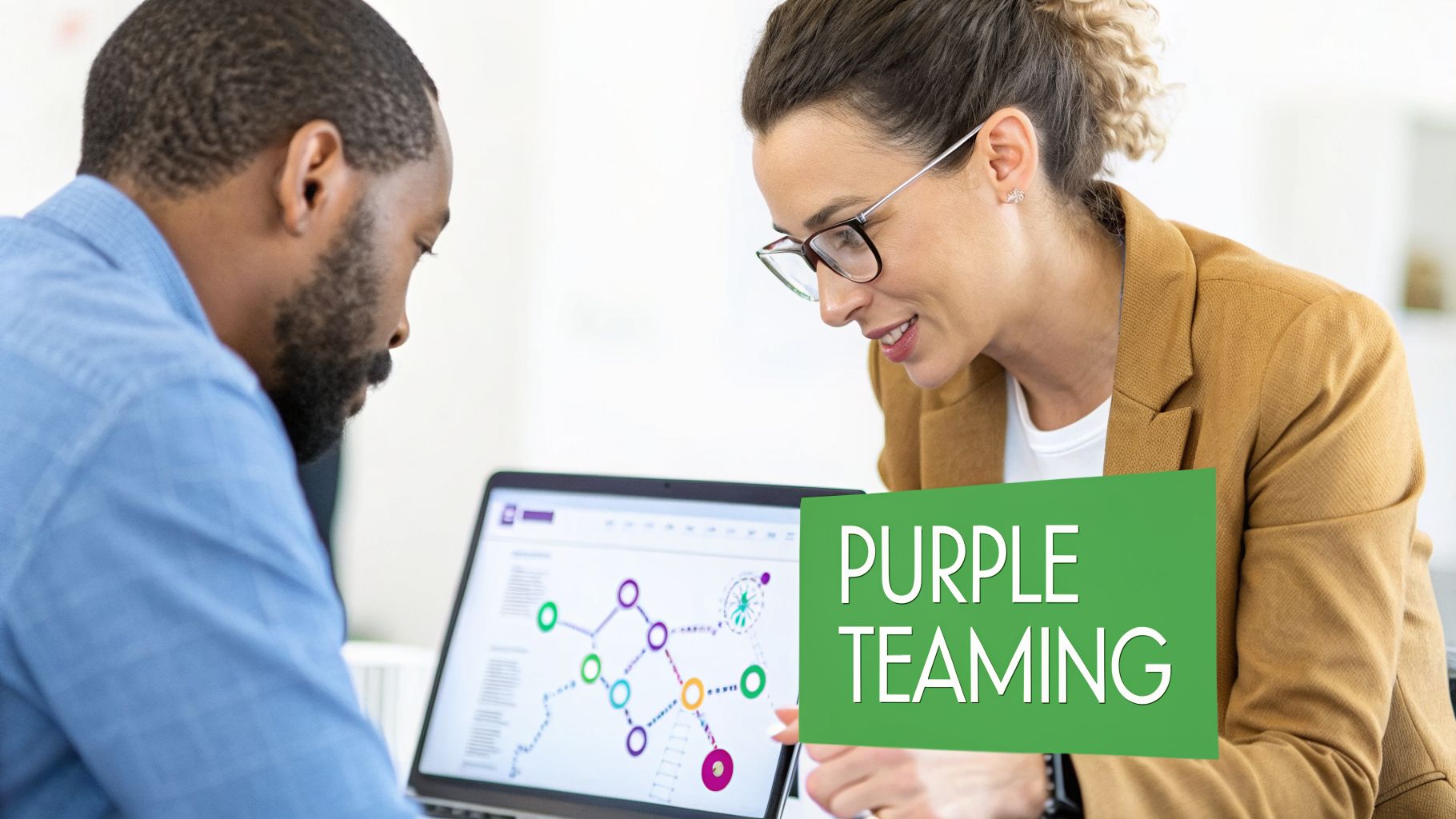 Diverse business professionals discuss data on a laptop, emphasizing 'PURPLE TEAMING' strategy.