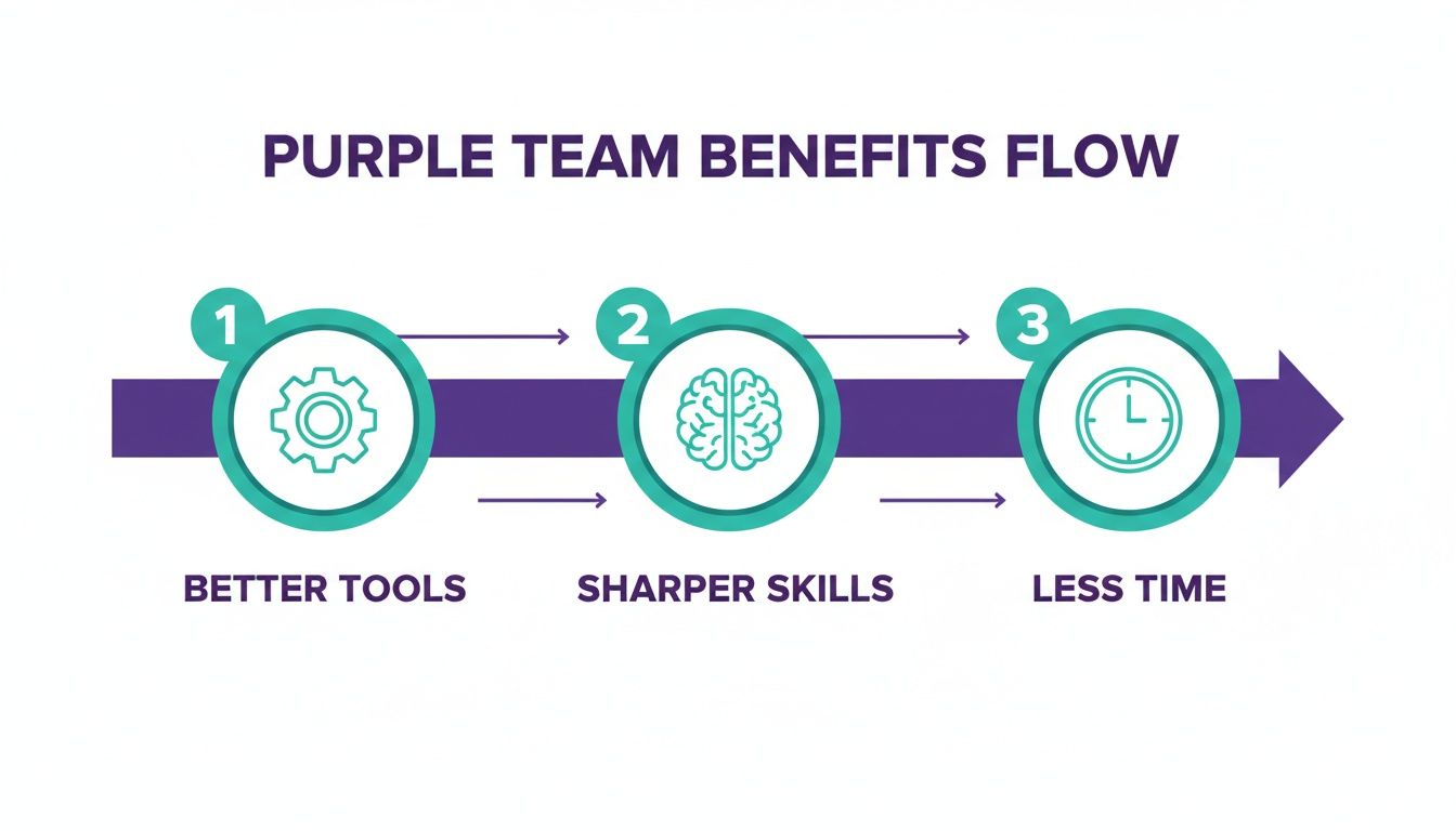 A purple team benefits flow illustrating better tools, sharper skills, and less time.