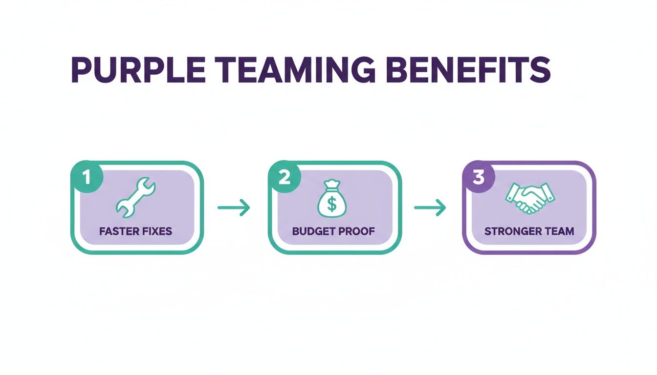 Infographic showing purple teaming benefits: faster fixes, budget proof, and a stronger team.