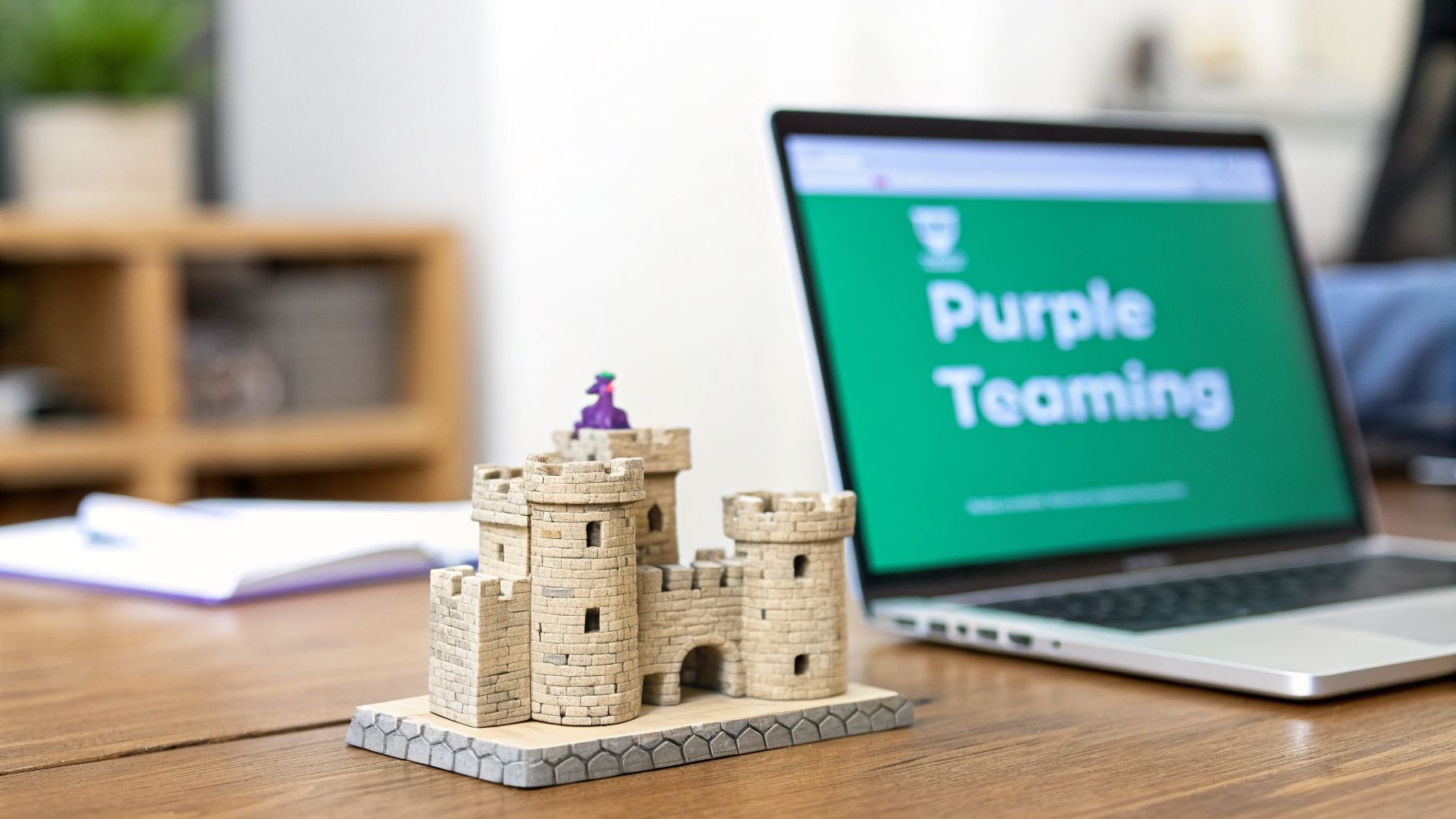A miniature castle with a purple figure sits on a wooden desk next to a laptop displaying 'Purple Teaming'.
