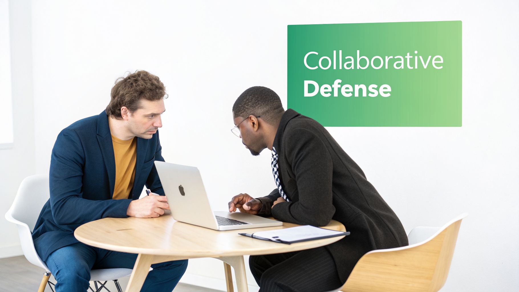 Two men are focused on a laptop screen, engaging in a collaborative discussion with 'Collaborative Defense' on the wall.