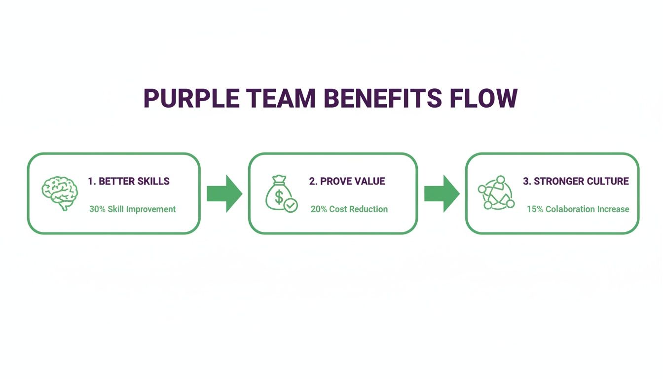 Flowchart illustrating Purple Team benefits: better skills, proven value with cost reduction, and stronger culture.