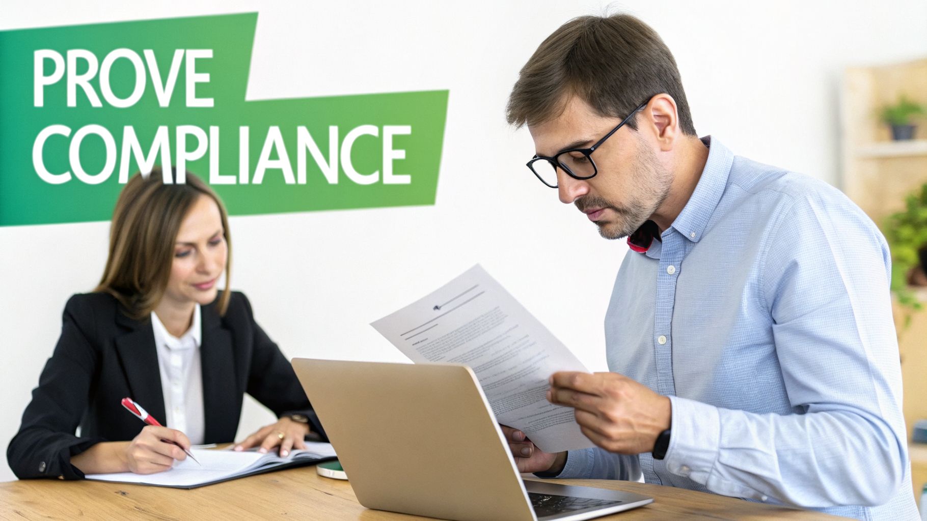Two professionals review documents and work on a laptop in an office with a 'PROVE COMPLIANCE' banner.
