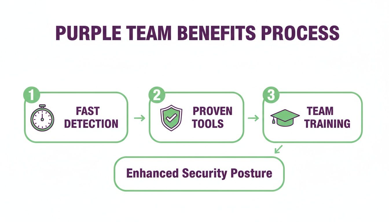 Infographic showing Purple Team benefits process: Fast Detection, Proven Tools, Team Training leading to Enhanced Security Posture.