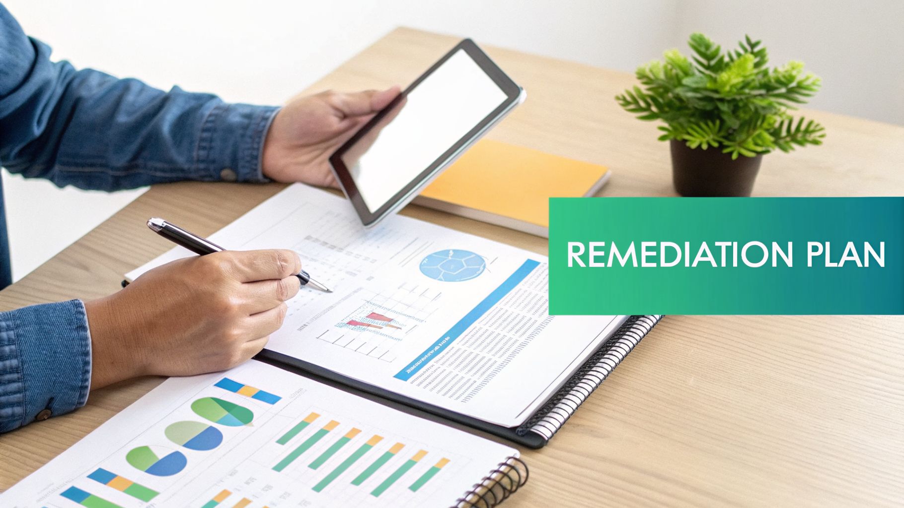A person analyzing charts and graphs on documents and a tablet, with a 'REMEDIATION PLAN' banner.