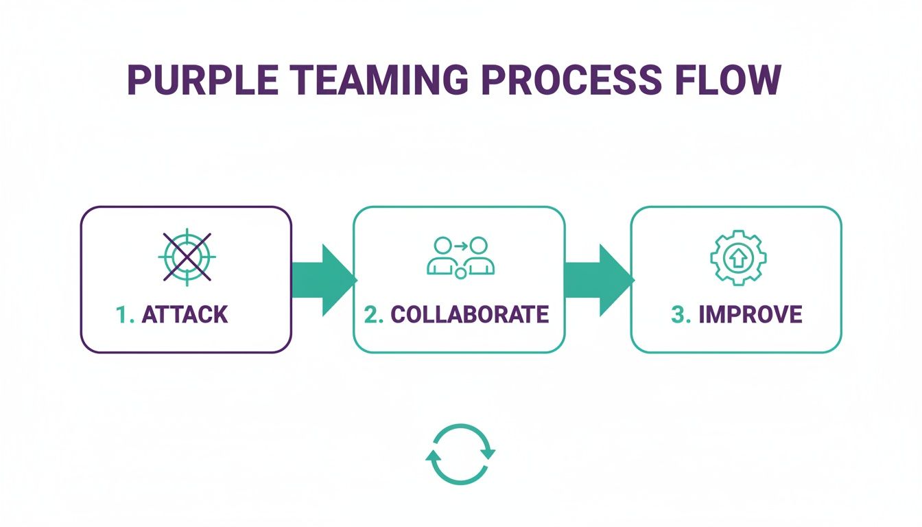 A purple teaming process flow diagram showing three steps: Attack, Collaborate, and Improve, with a continuous loop icon.