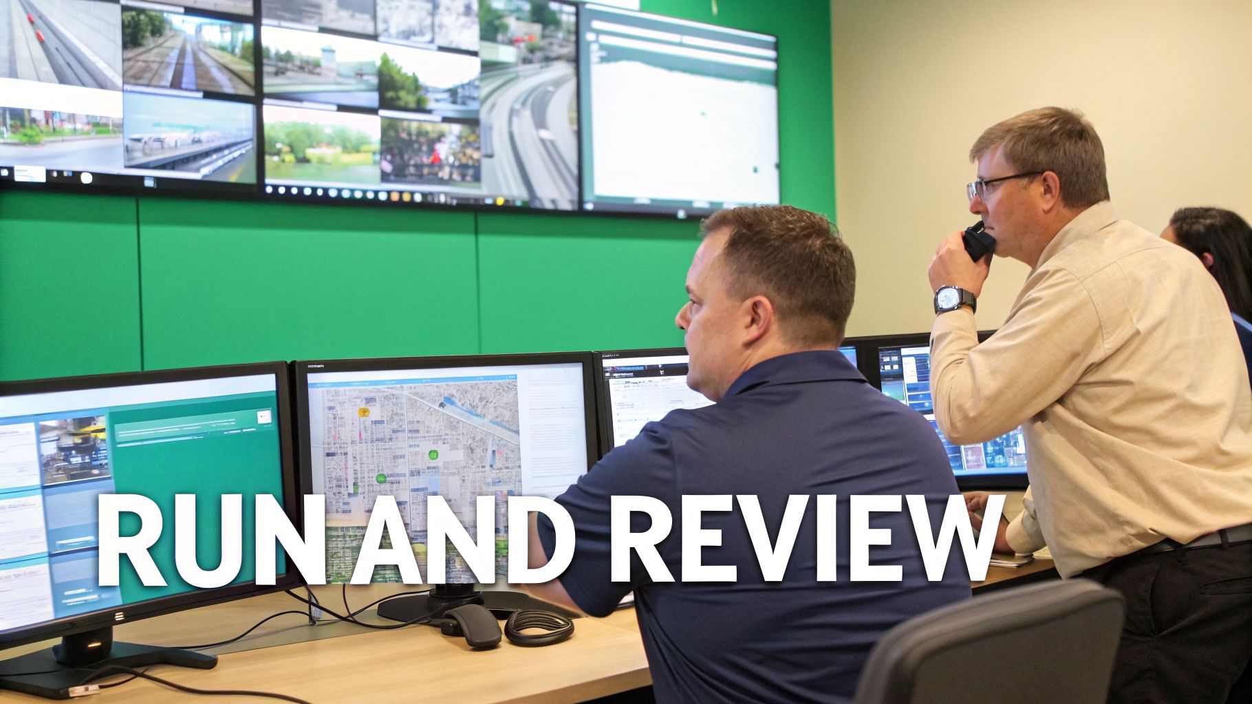 Two men monitor multiple computer screens and video feeds in a control room, one using a radio.