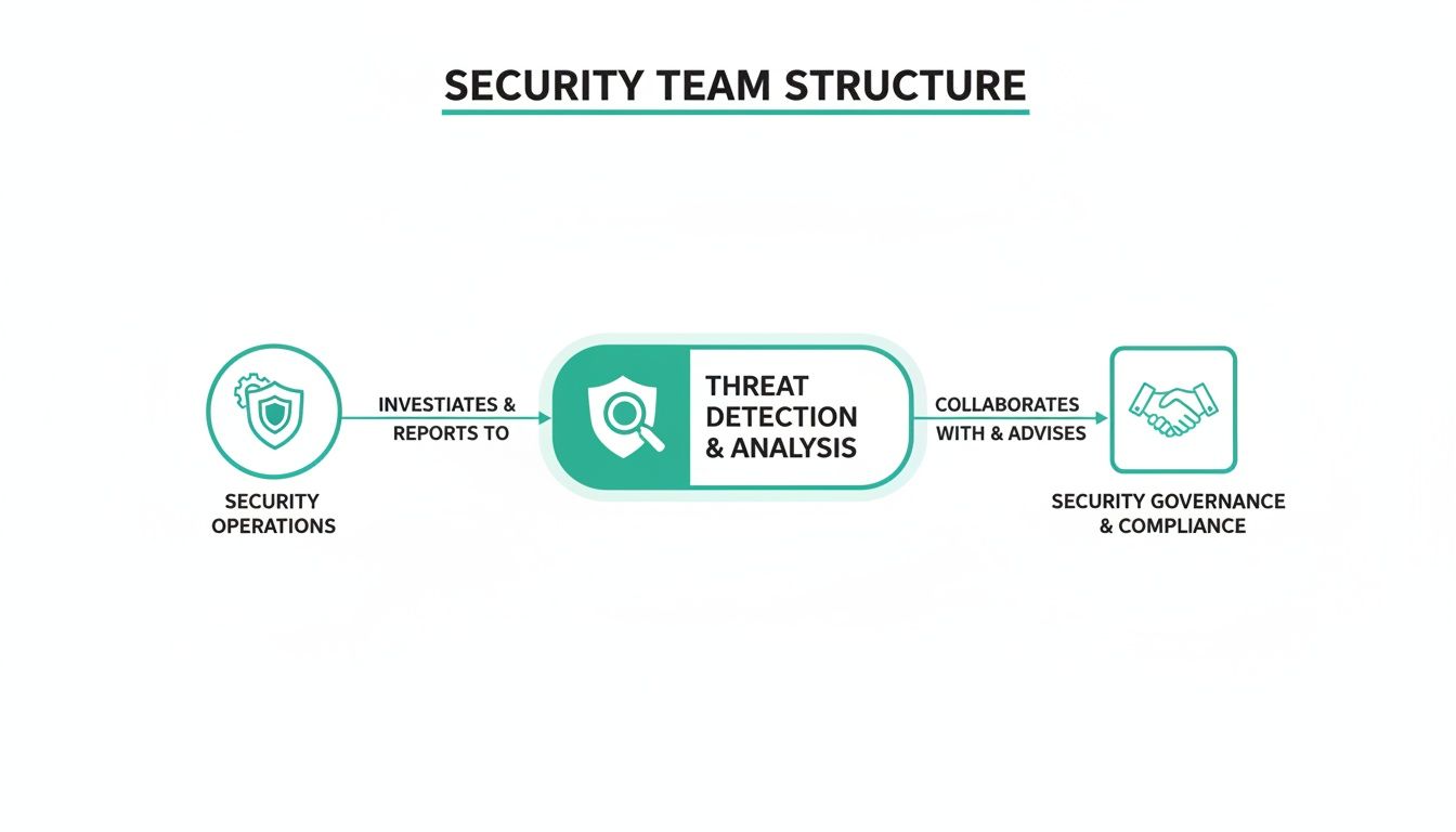 A flowchart detailing the Security Team Structure, showing Security Operations, Threat Detection & Analysis, and Security Governance & Compliance.
