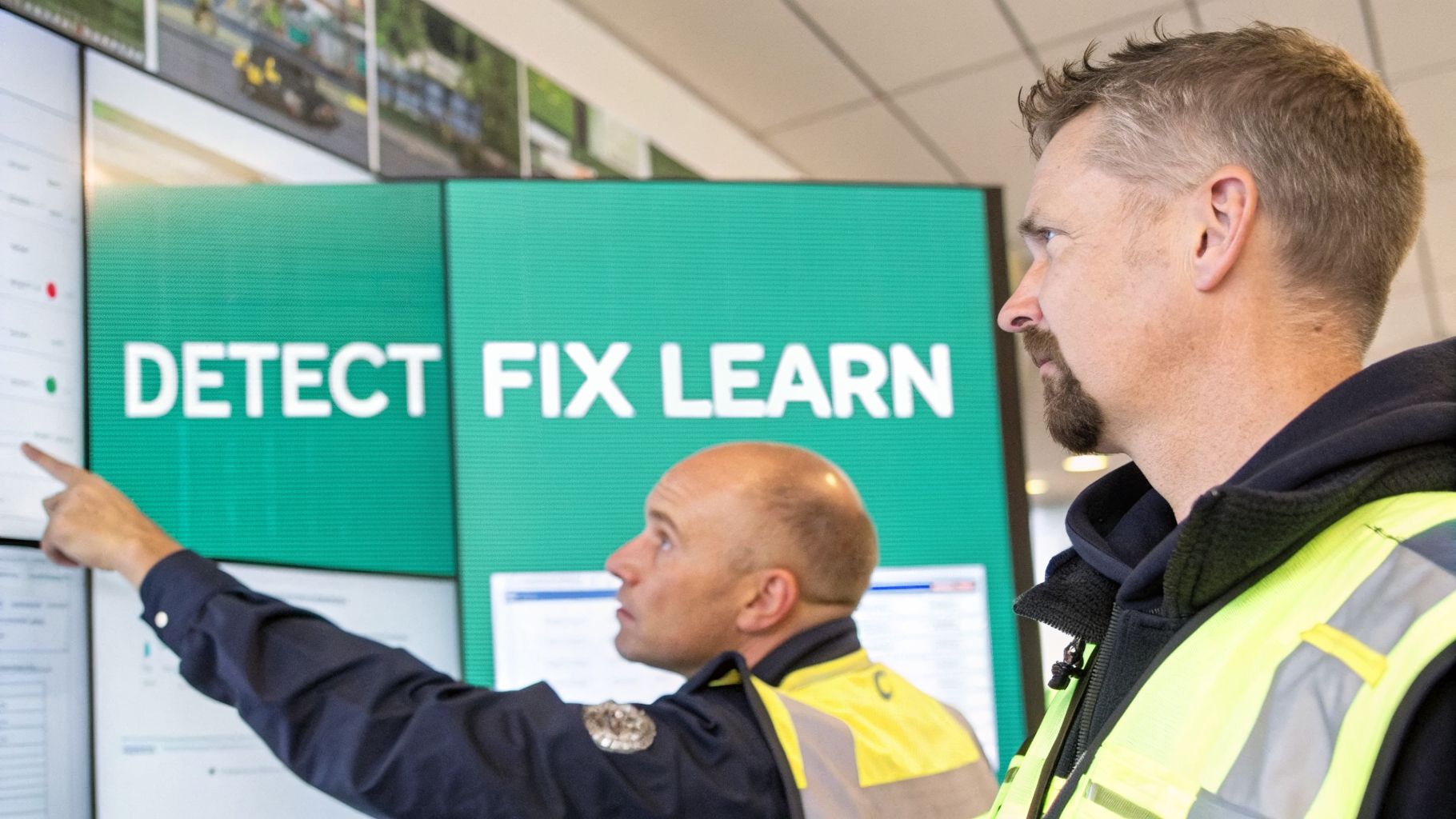 Two men in safety vests analyze data on large screens, one pointing, in an operations center.