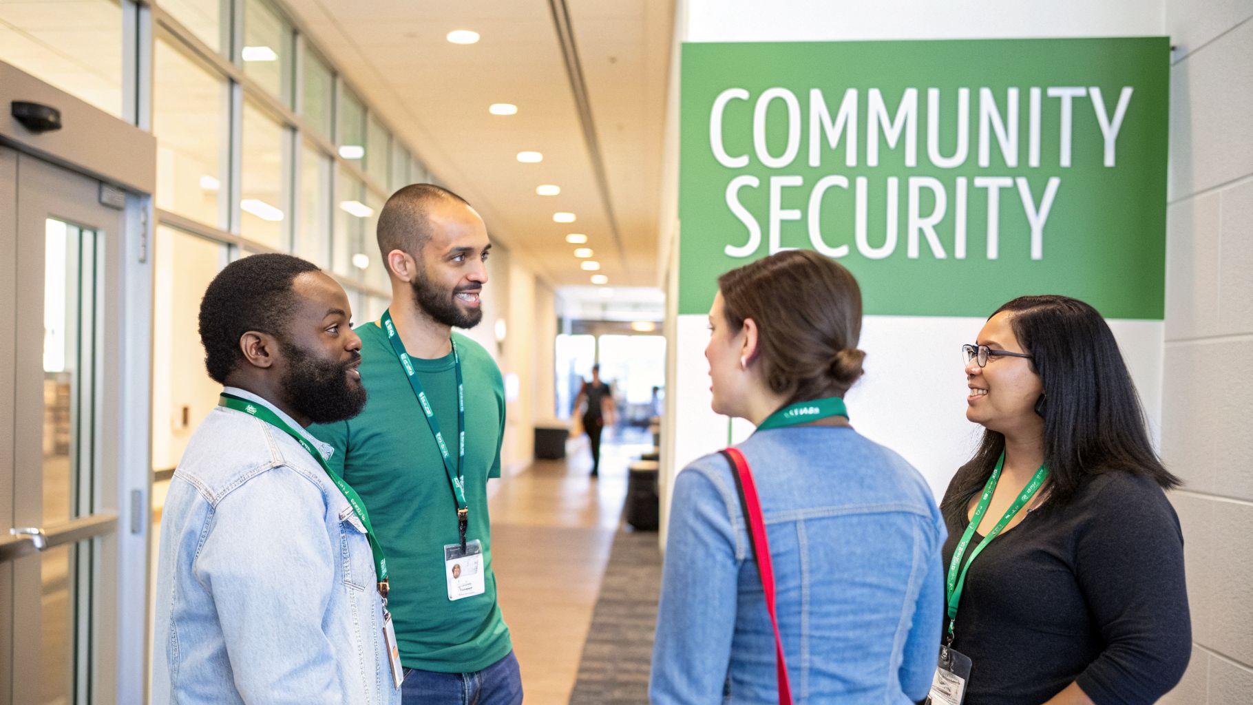 Four diverse attendees networking and smiling at a security conference, with a 'COMMUNITY SECURITY' sign.