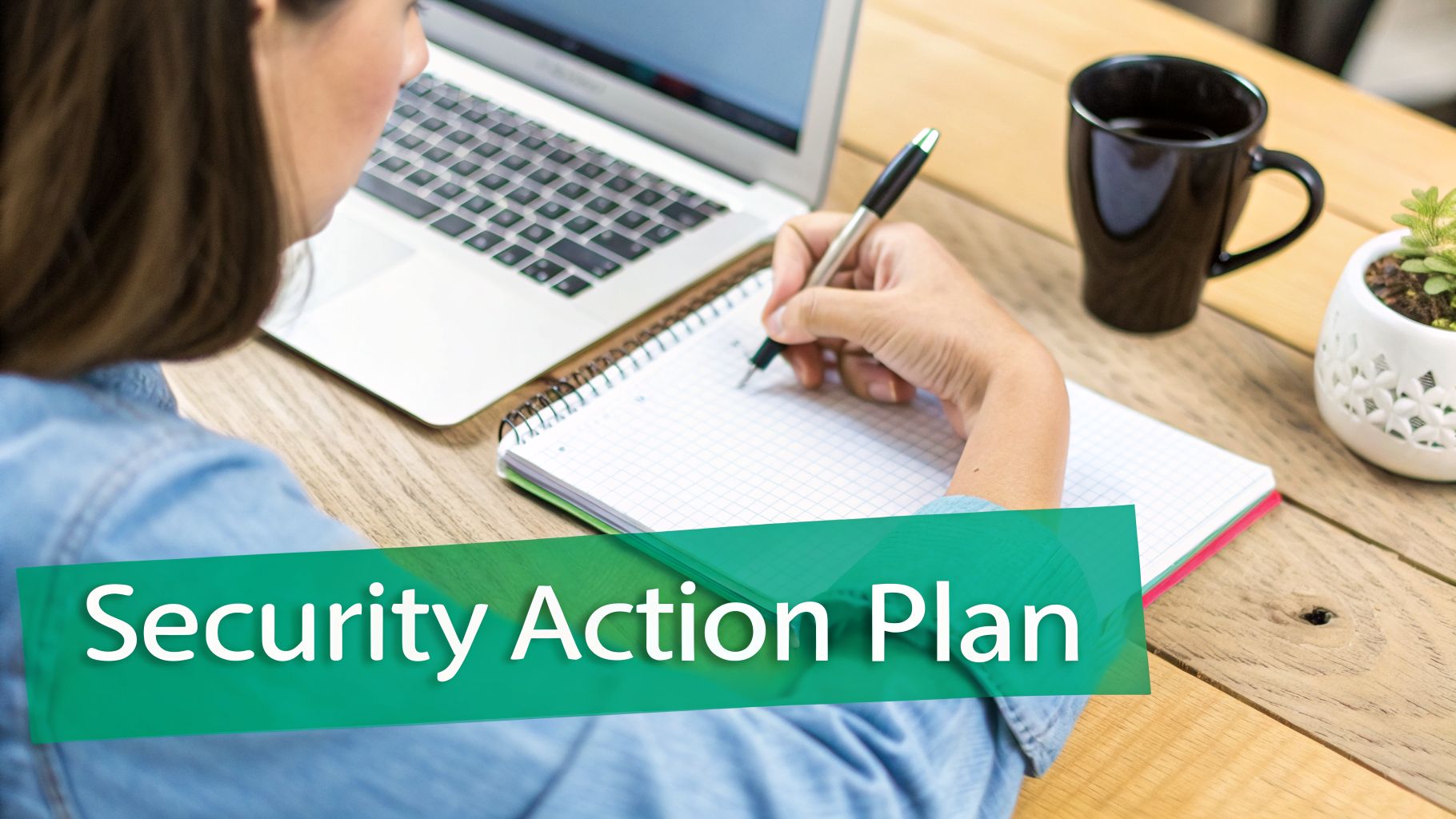 Person writing "Security Action Plan" in a notebook, with a laptop and coffee nearby.