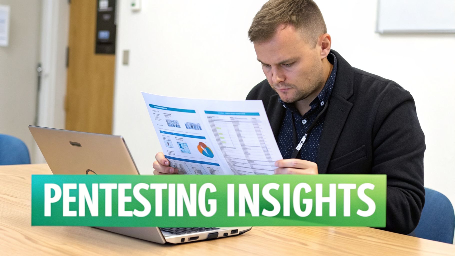 A man in a dark jacket reads a 'PENTESTING INSIGHTS' report with graphs and data, next to a laptop.