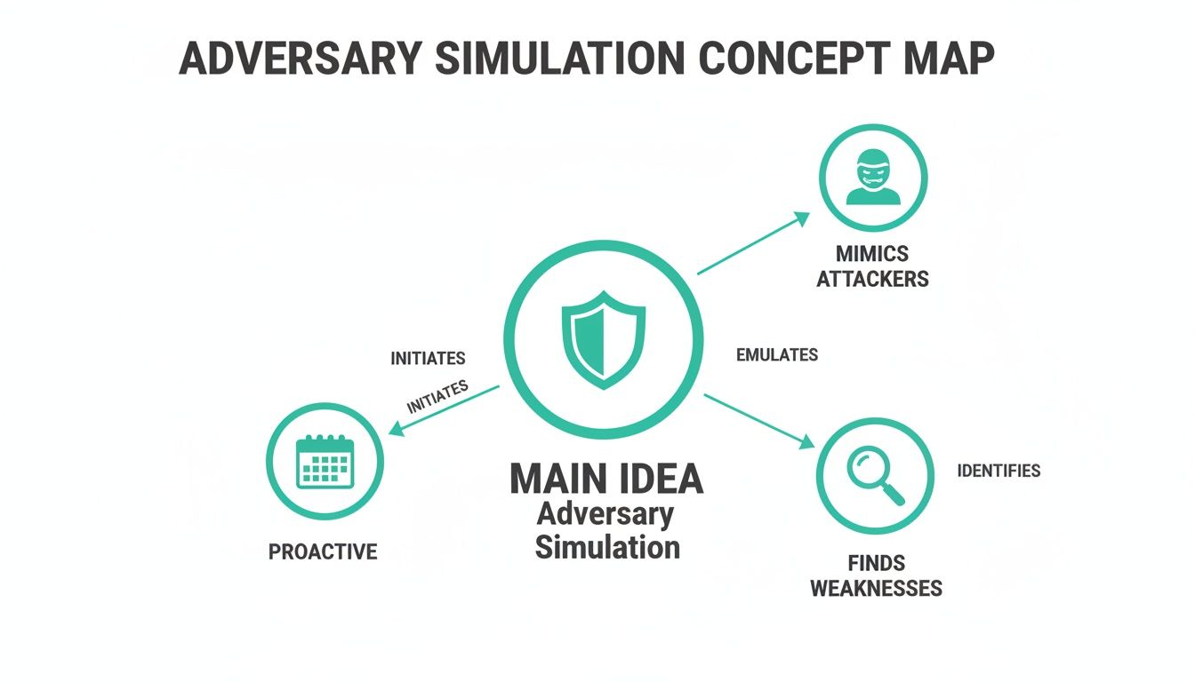 Concept map illustrating adversary simulation, showing it is proactive, mimics attackers, and finds weaknesses.