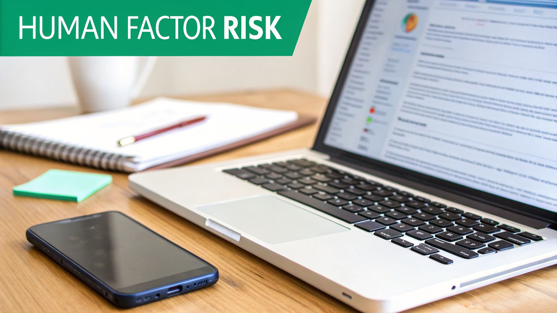 A modern workspace with a laptop, smartphone, notebook, and a green banner indicating 'Human Factor Risk'.