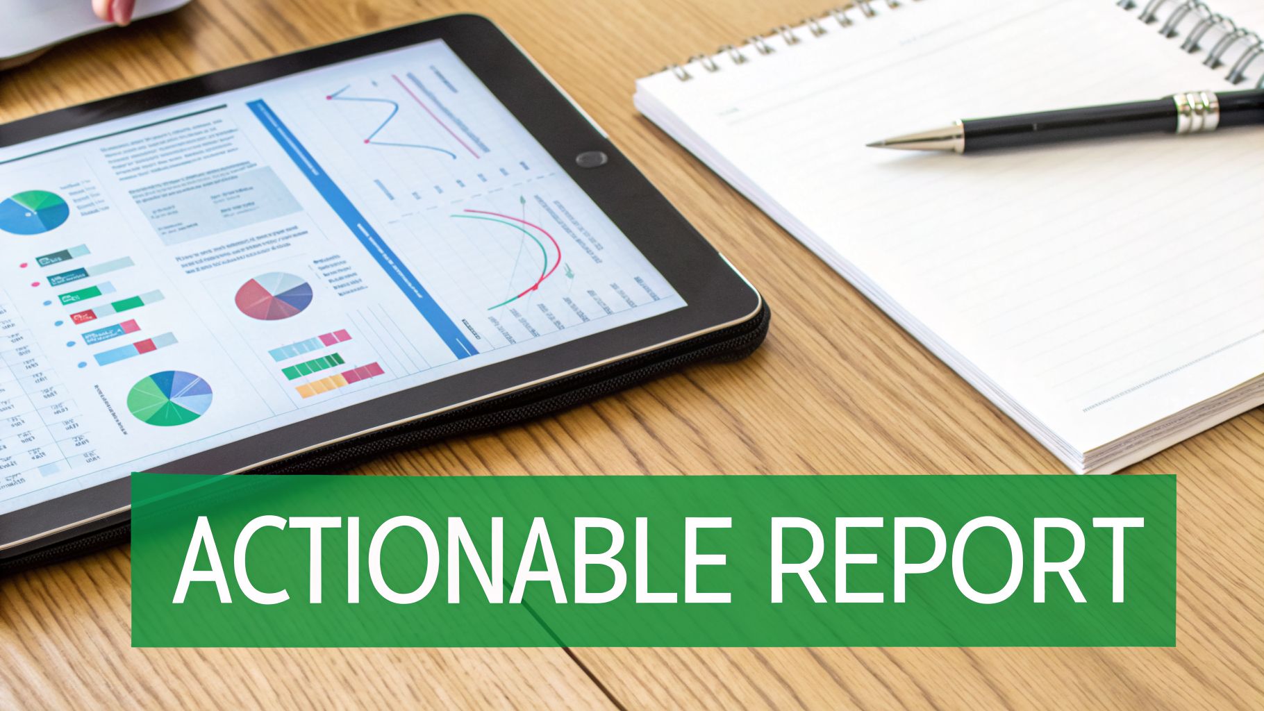 Someone working on a tablet showing an actionable report with data visualizations on a wooden desk.