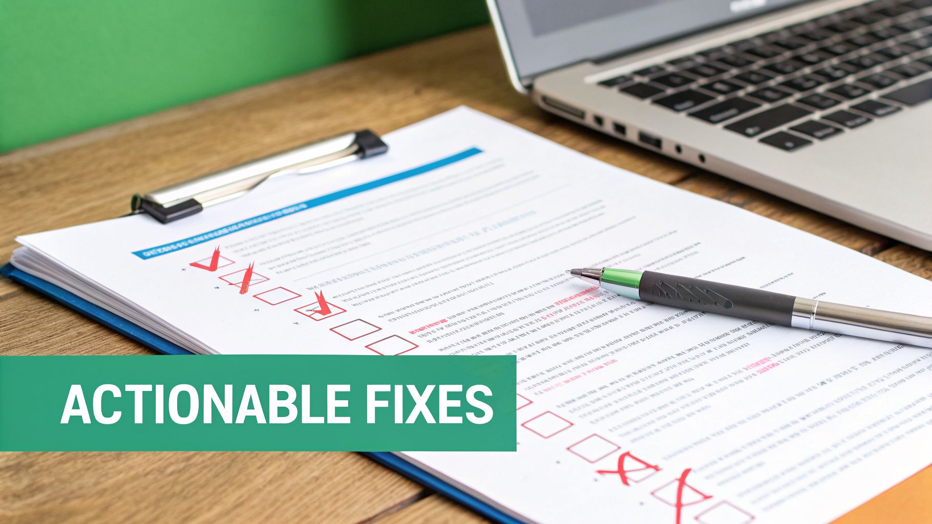 A checklist document with red checkmarks and crosses on a wooden desk with a pen and laptop, indicating actionable fixes.