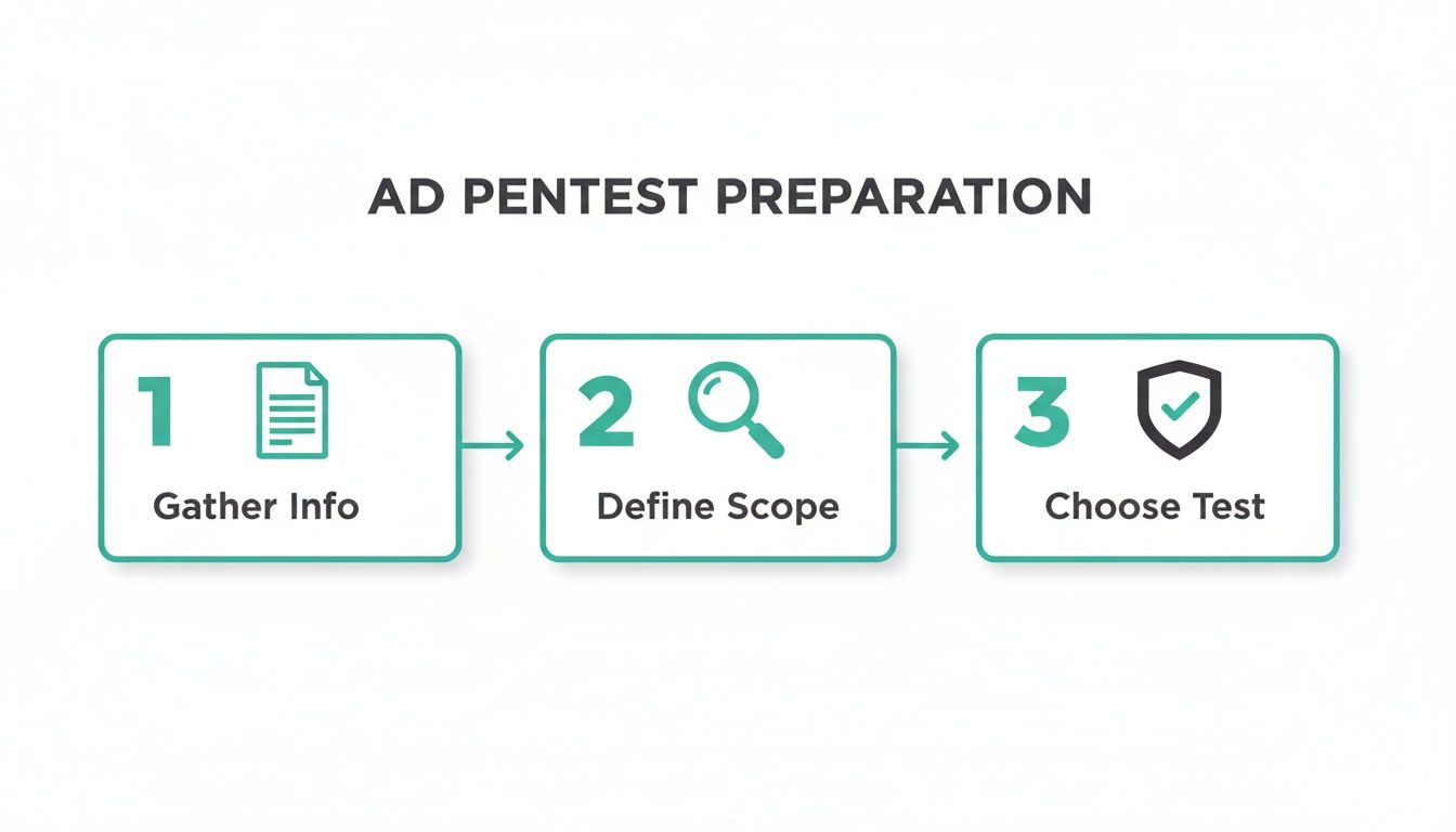 A three-step process for Active Directory pentest preparation: Gather Info, Define Scope, Choose Test.