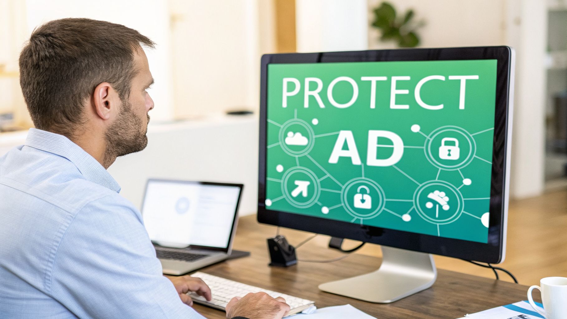 Man reviews 'PROTECT AD' message and security icons on a computer screen, indicating Active Directory protection.