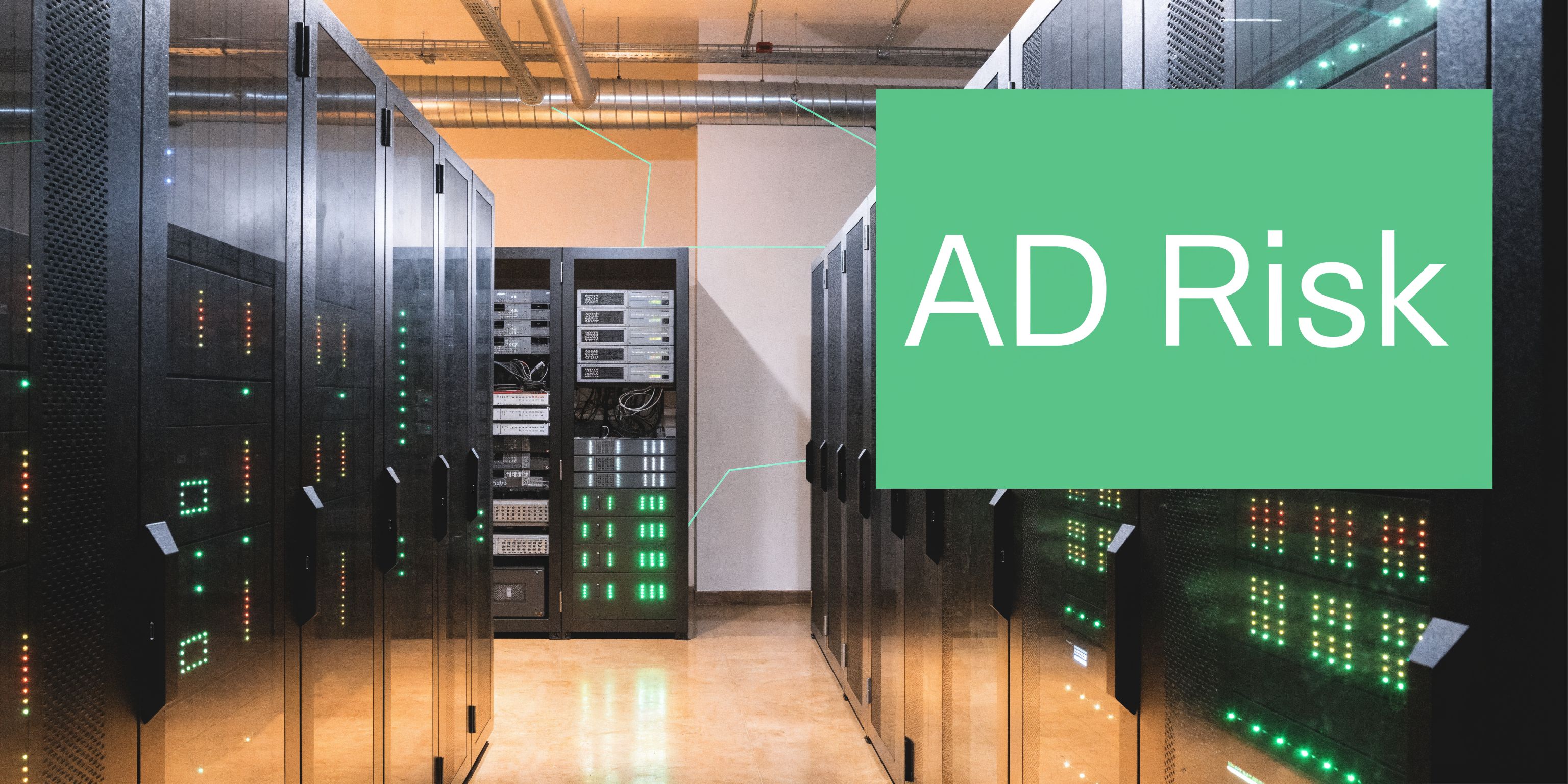 A brightly lit server room with rows of black server racks containing blinking status indicator lights.