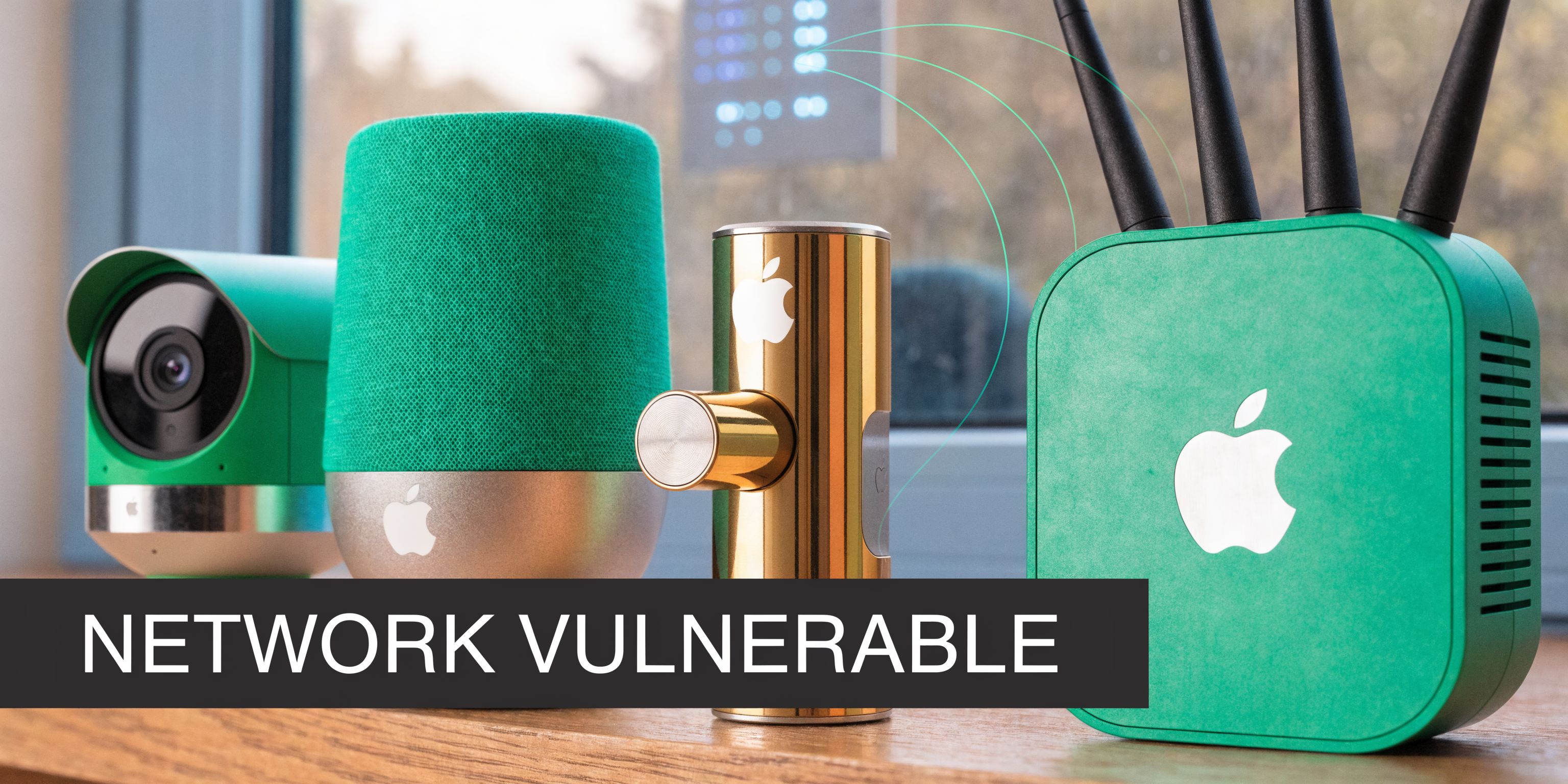 An array of Apple-branded smart home devices on a desk with a network vulnerable overlay graphic.