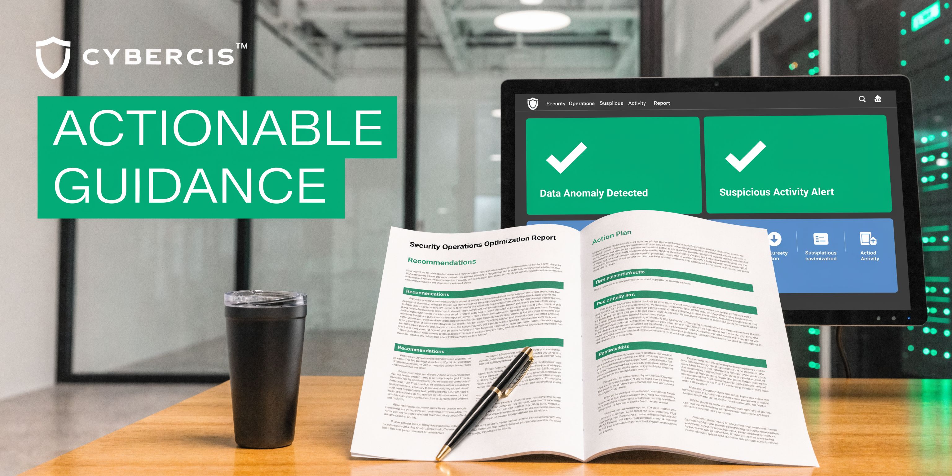 A cybersecurity report titled Security Operations Optimization Report resting on a desk next to a digital dashboard.