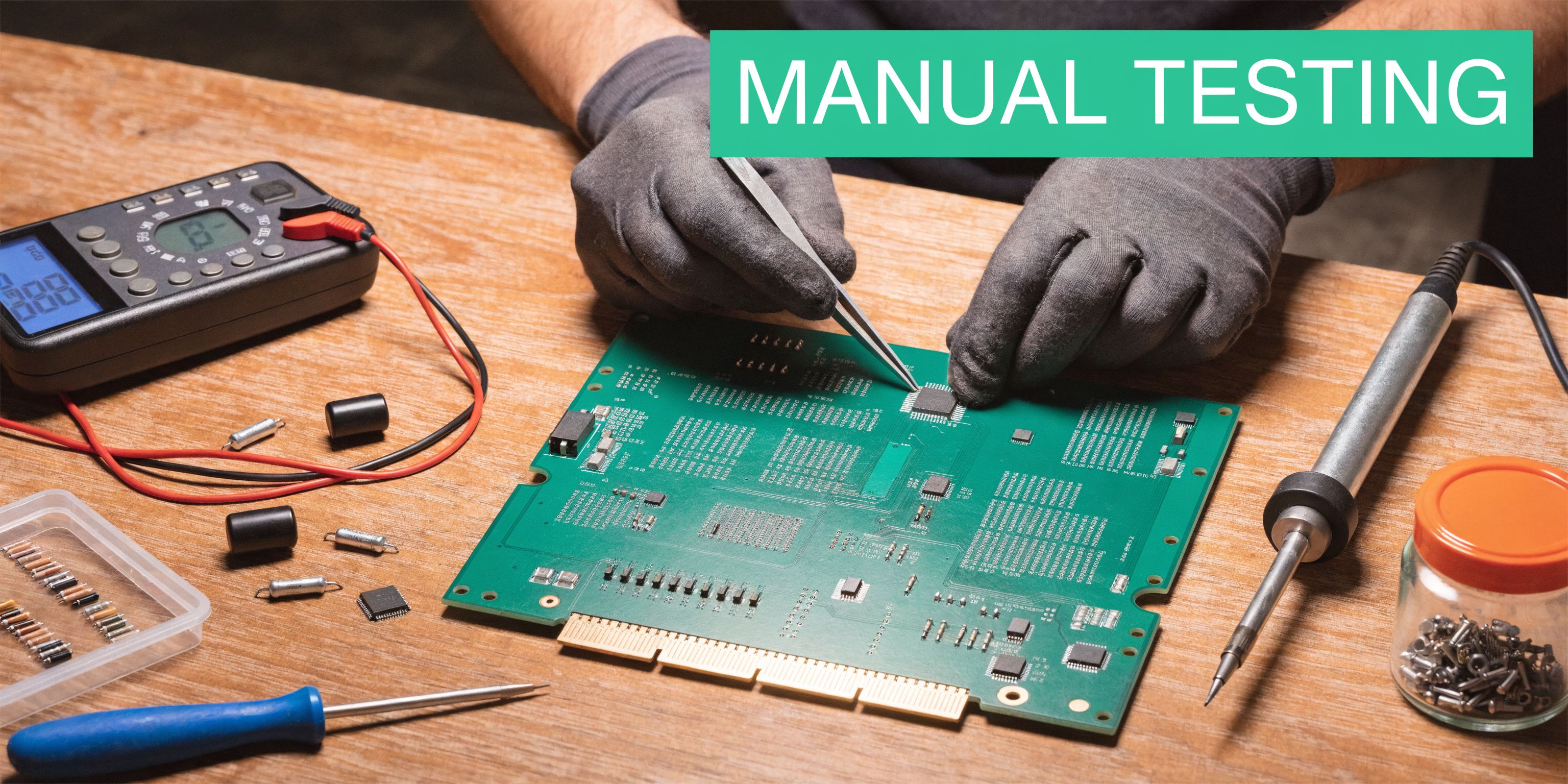 A technician wearing gloves uses tweezers to inspect a green printed circuit board on a wooden workbench.