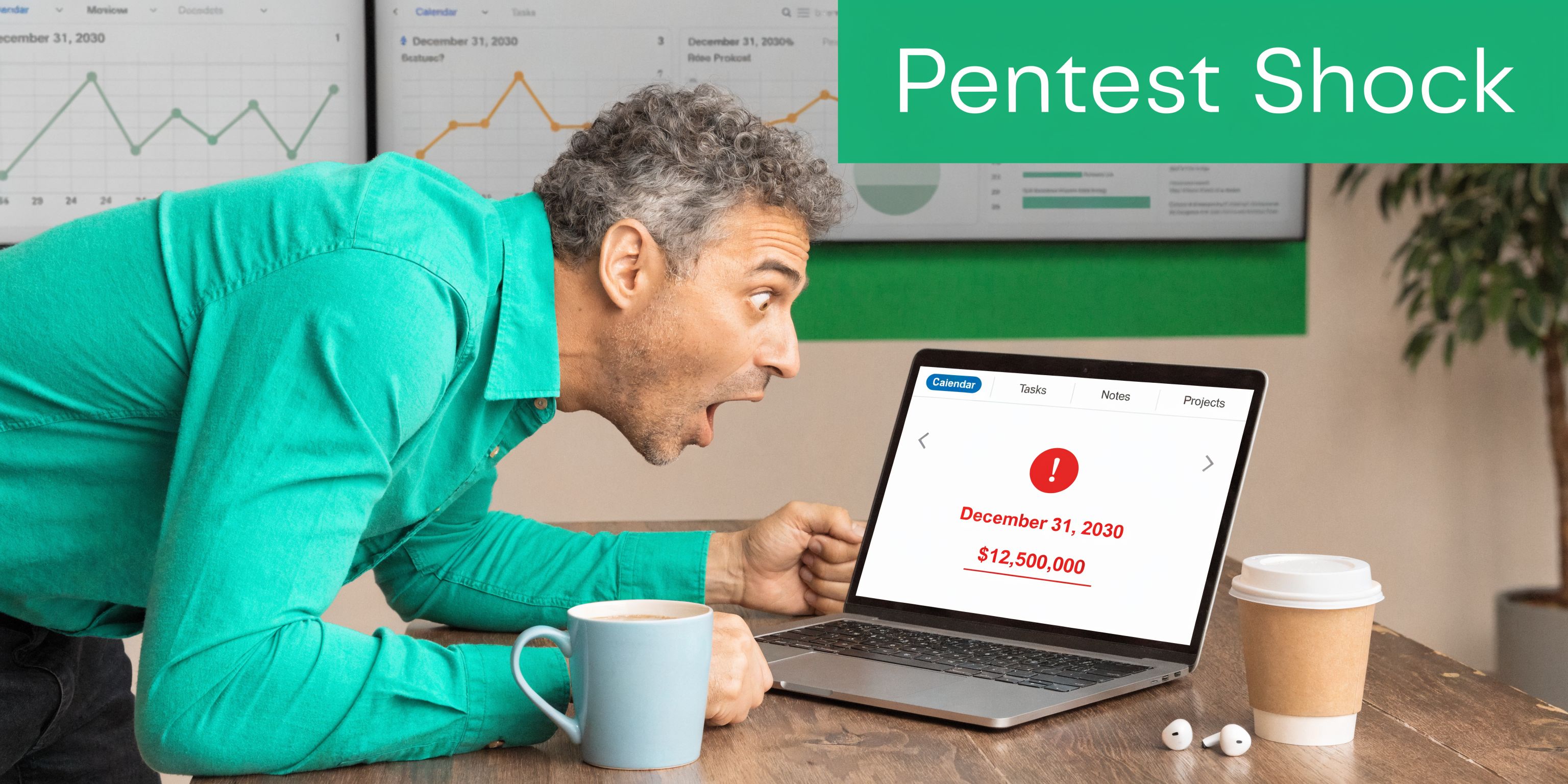 A man in a green shirt looking shocked at a laptop screen showing a large financial warning.