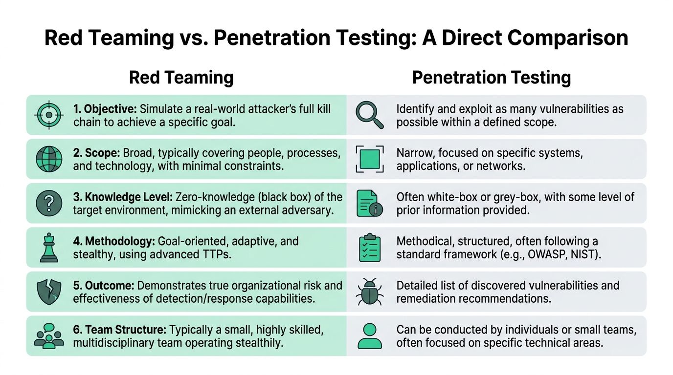 A comparison chart outlining the key differences between red teaming and penetration testing in cybersecurity practices.