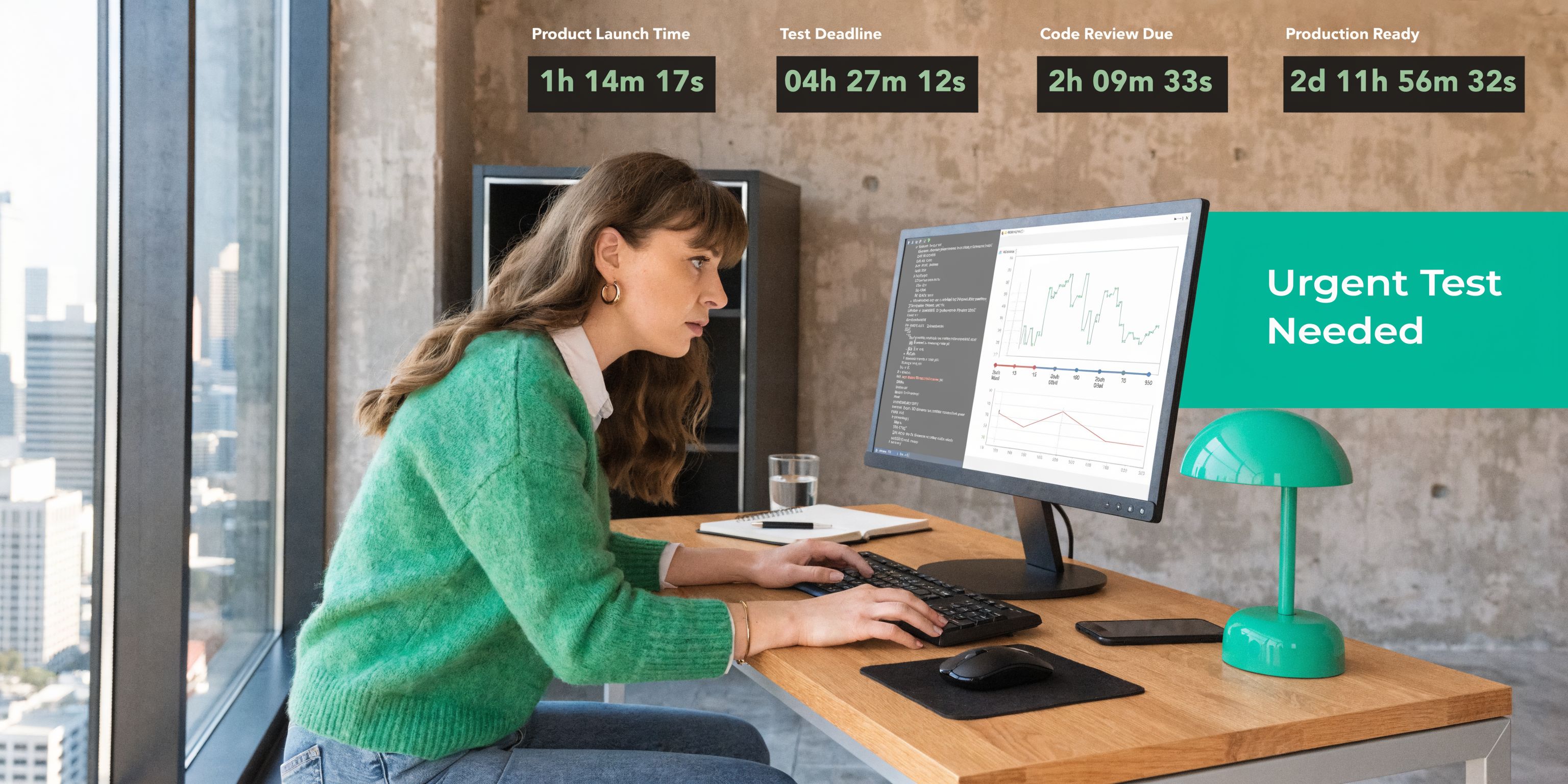 A professional developer working on computer code while monitoring urgent testing deadlines in a modern office.