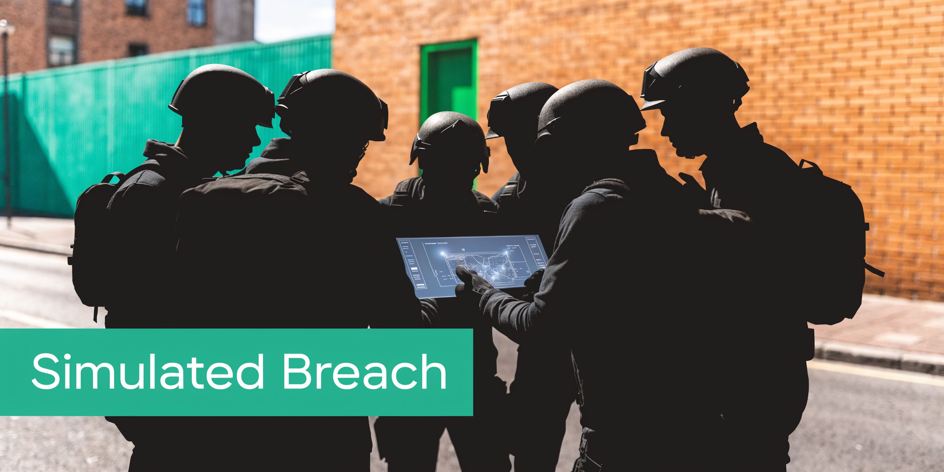 A group of tactical team members in silhouette gathered around a digital tablet for a simulated breach.