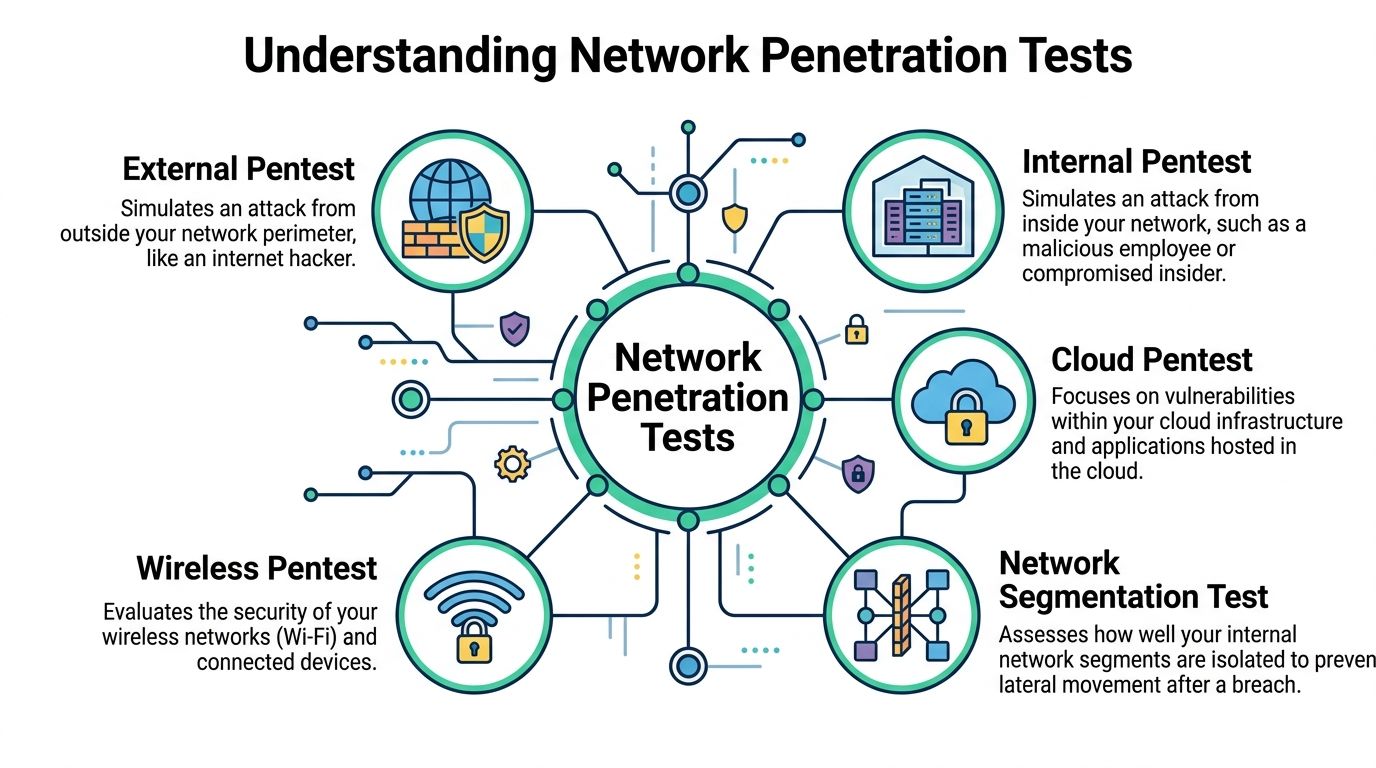 A diagram illustrating the five types of network penetration tests including internal, external, cloud, wireless, and segmentation.