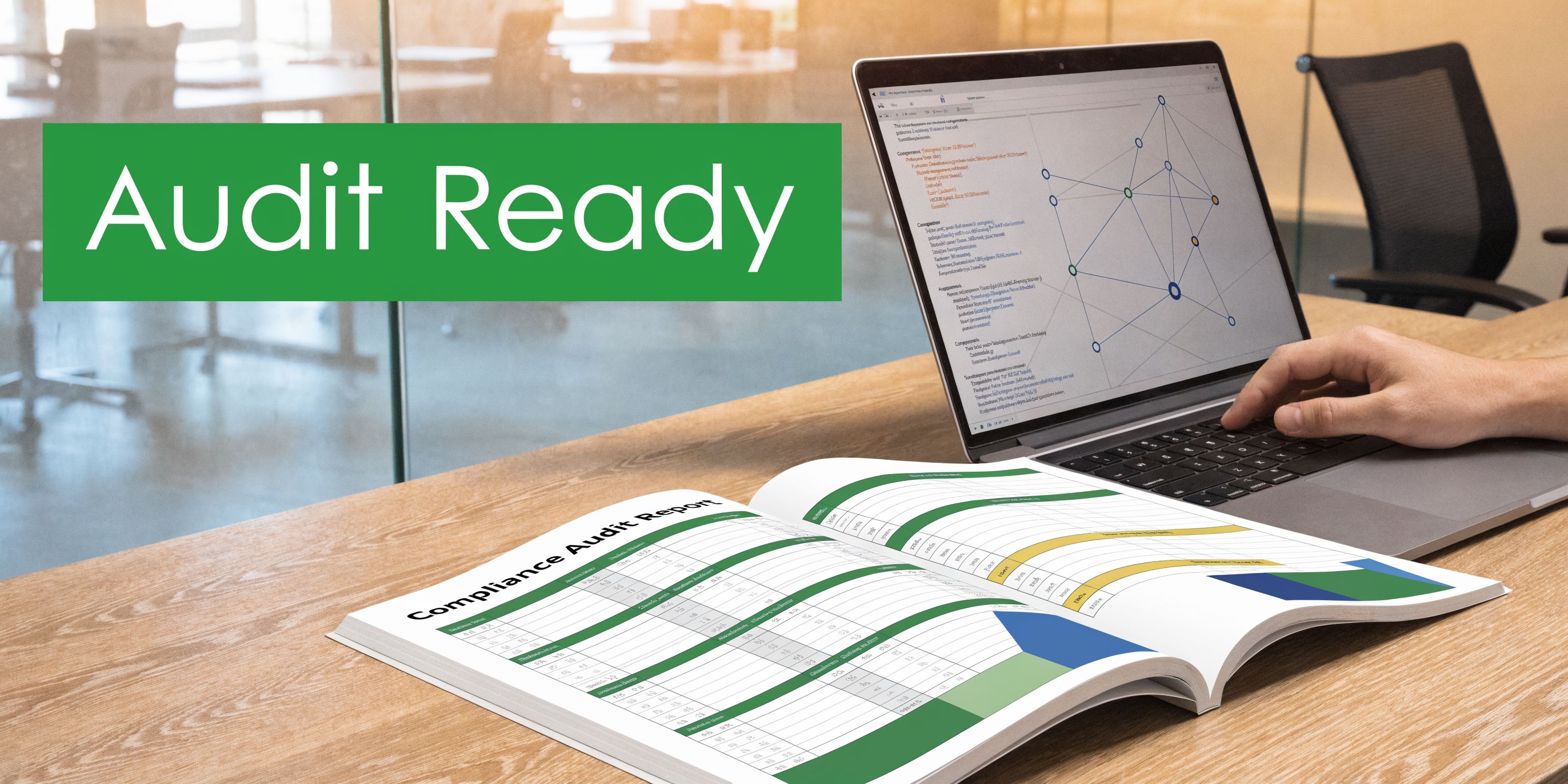 A professional desk setup featuring a laptop with network diagrams and a printed compliance audit report.
