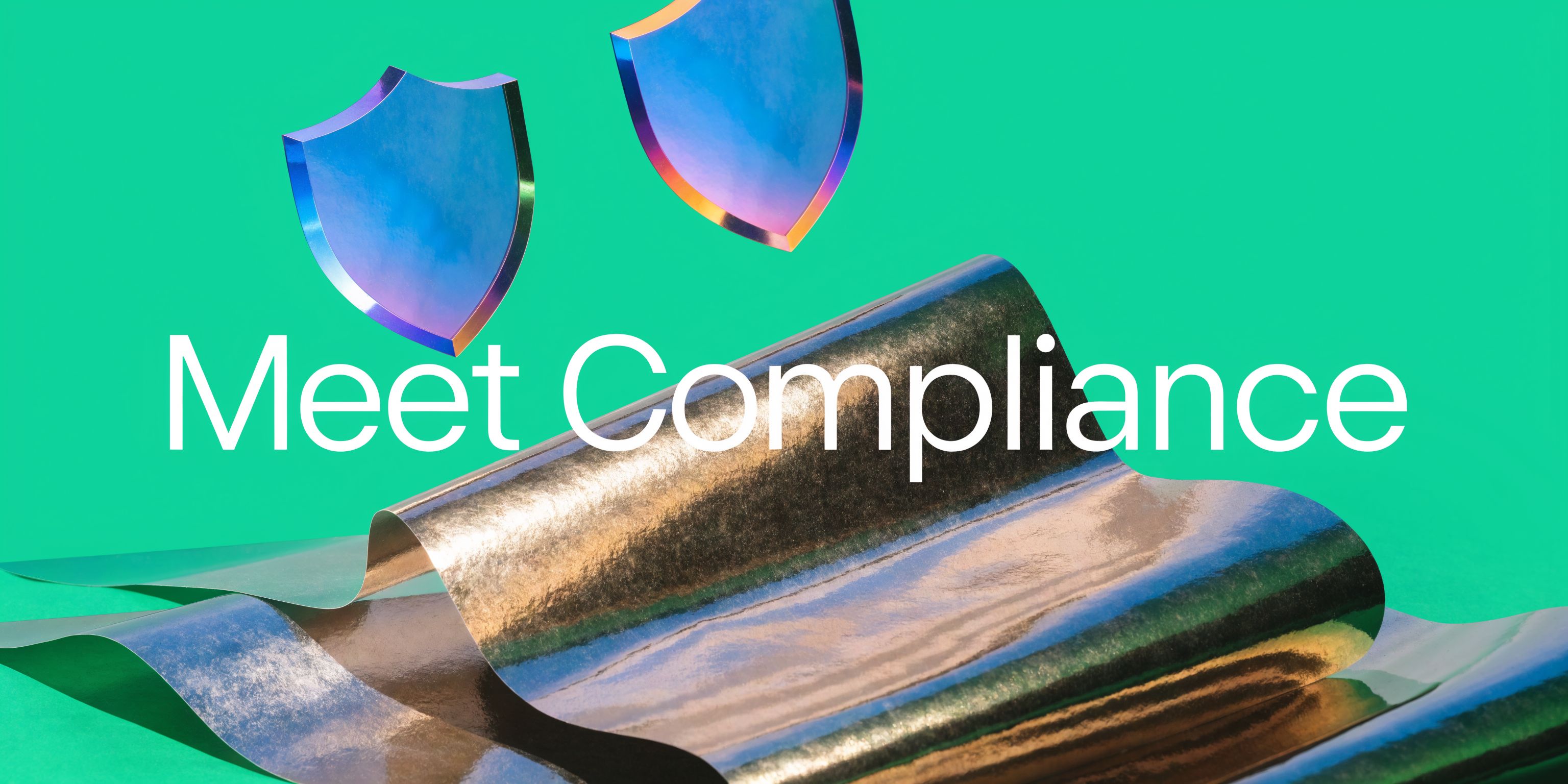 Two 3D metallic shields floating above a shiny, wavy, golden material against a bright green background.