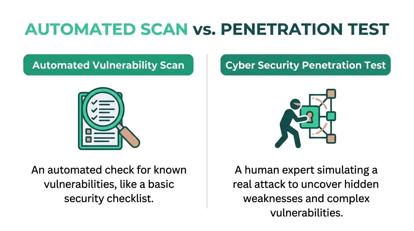 A comparison infographic between automated vulnerability scans and expert human-led cyber security penetration testing services.