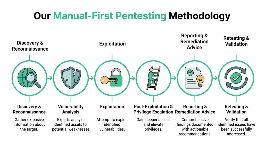 A diagram illustrating a manual-first pentesting methodology flow from discovery to final retesting and validation.