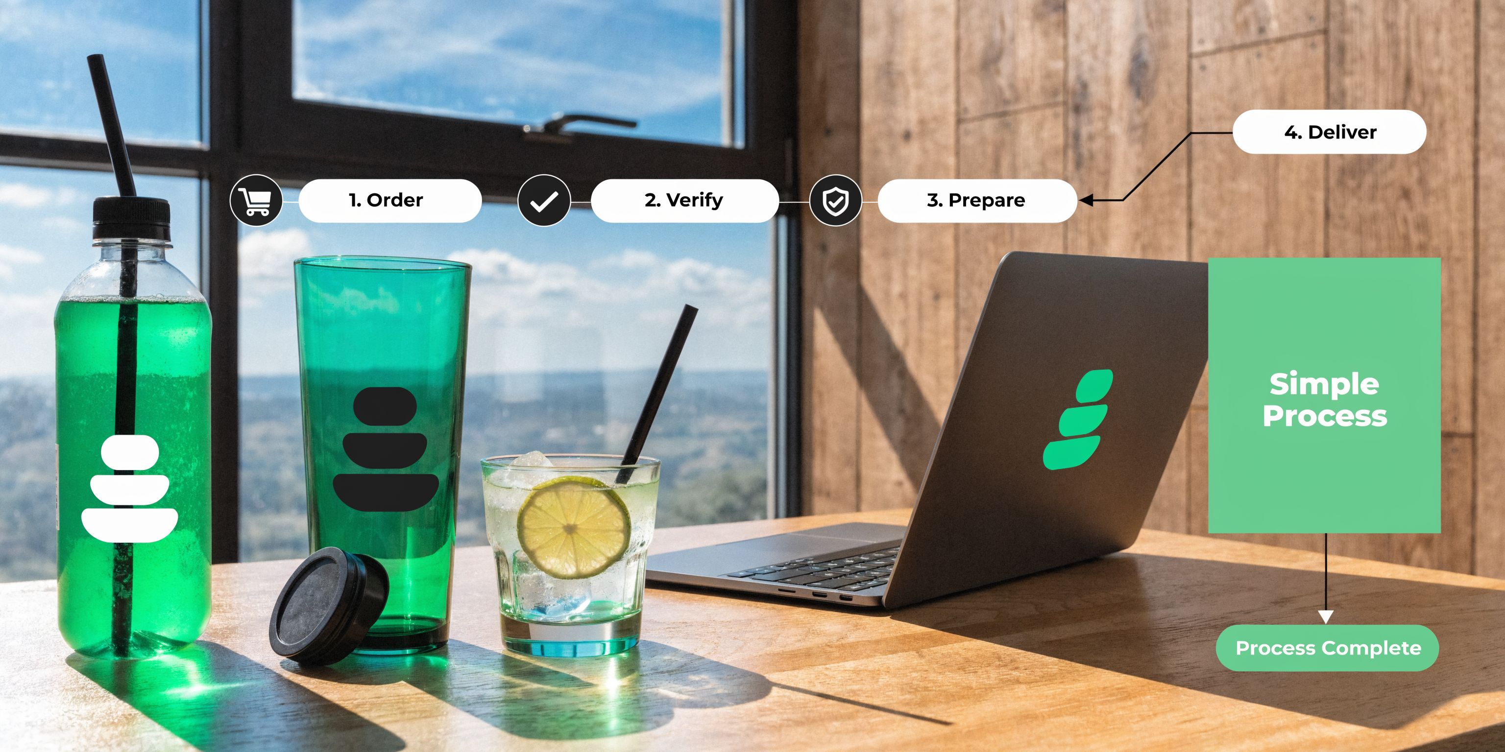 A conceptual four-step business process workflow displayed over a modern workspace with drinks and a laptop.