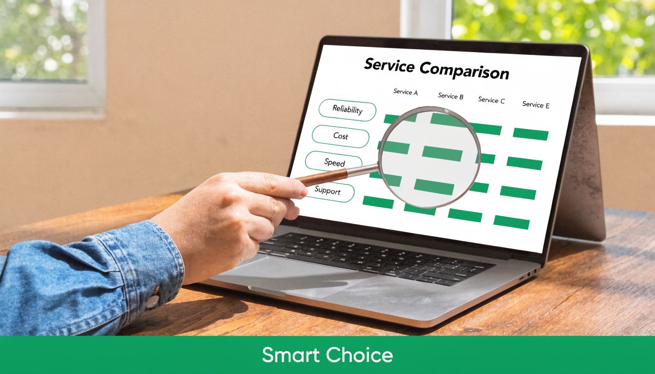 A hand using a magnifying glass to review a service comparison chart on a laptop screen.