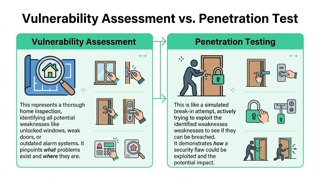 An infographic comparing vulnerability assessment as home inspection and penetration testing as a simulated security break-in.