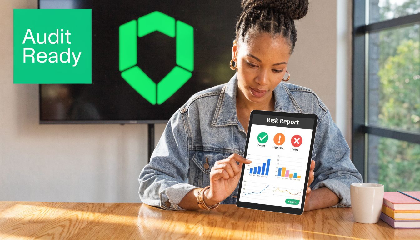 A professional woman reviewing a digital risk report on a tablet in a bright office environment.