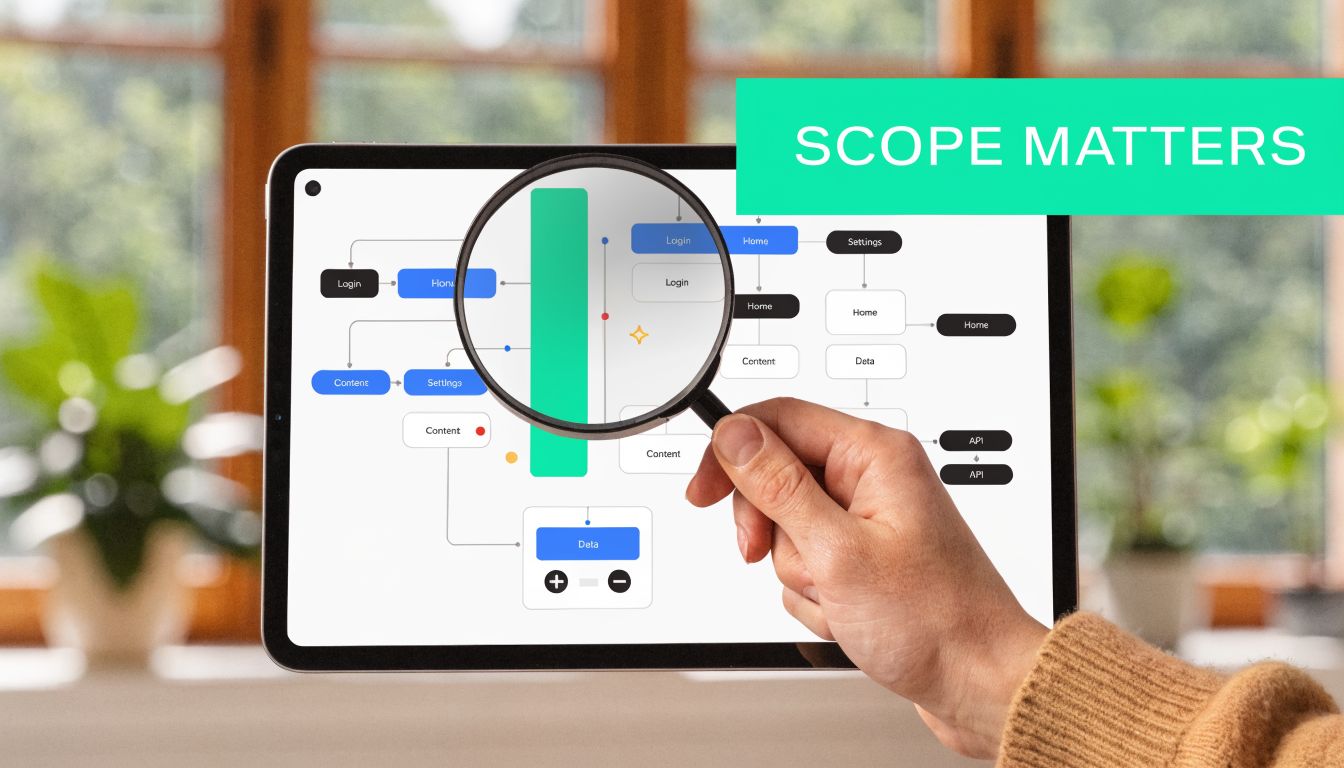 A hand holds a magnifying glass over a digital flowchart on a tablet screen, illustrating project scope.