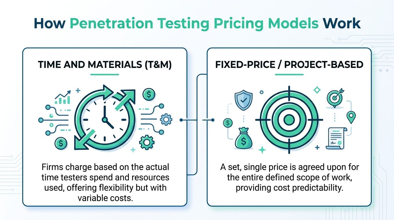 An infographic comparing time and materials versus fixed-price models for penetration testing pricing services.