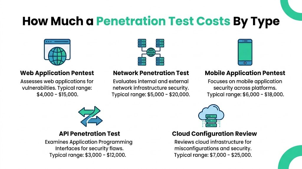 A visual guide outlining the typical cost ranges for various types of cybersecurity penetration testing services.