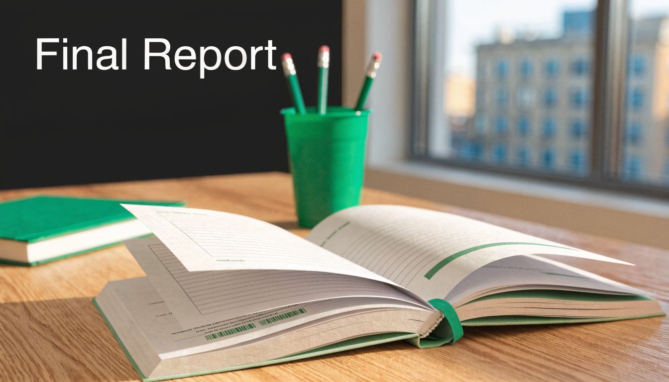 An open notebook on a wooden desk with a green cup of pencils and a chalkboard background.