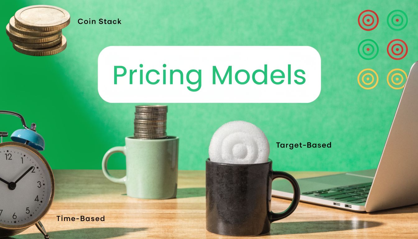 A conceptual graphic illustrating various pricing models including time-based, coin-based, and target-based financial strategies.