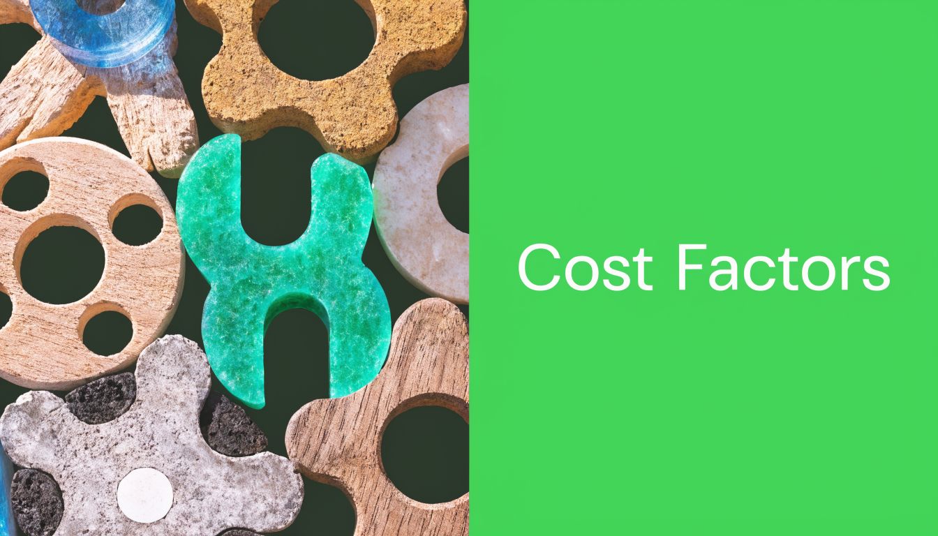 A creative arrangement of various industrial gear-shaped objects next to a bright green space with text.