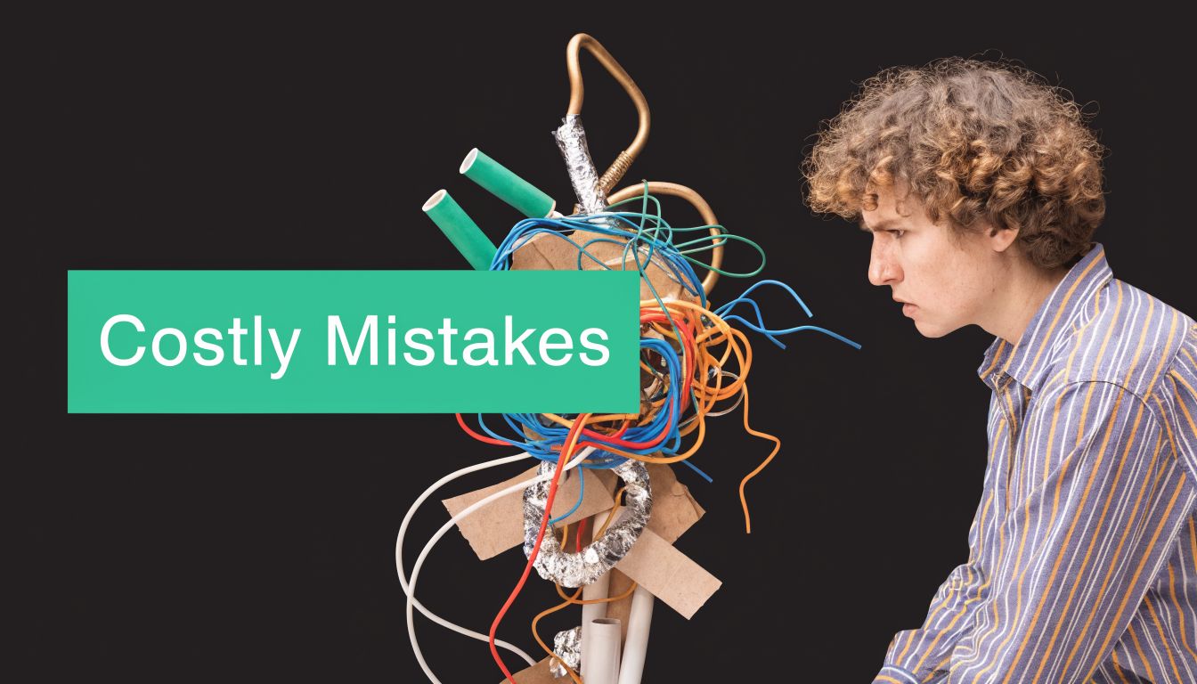 A young man looking confused at a complex, messy sculpture made of wires and household materials.