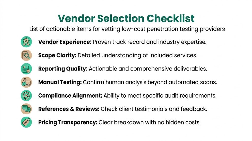 A checklist infographic titled Vendor Selection Checklist for vetting low-cost penetration testing services and security providers.