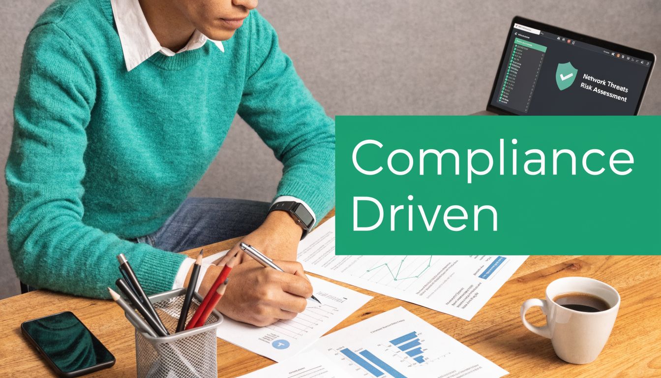 A professional analyzing a network threats risk assessment on a laptop while reviewing data charts at desk.